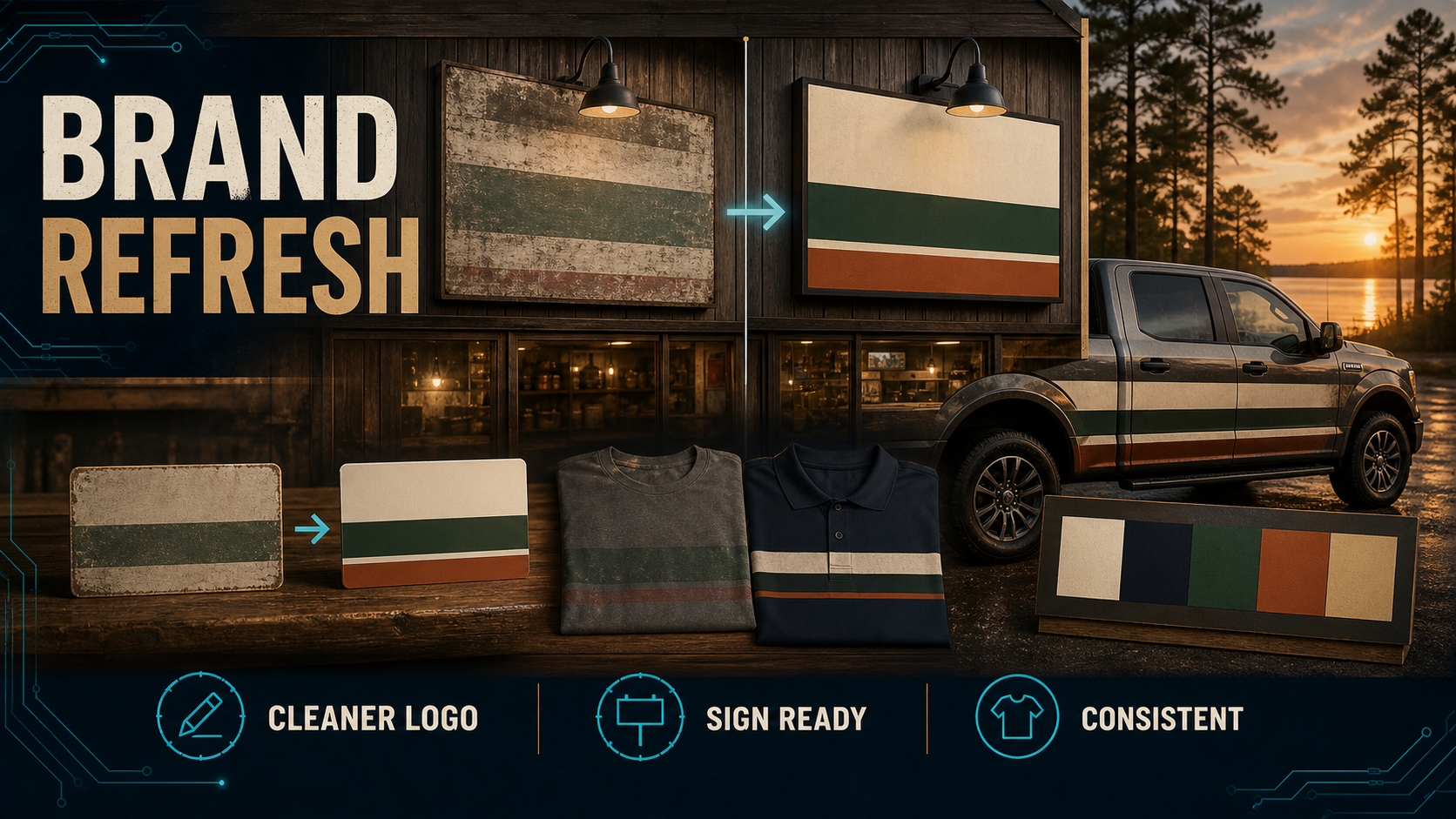 Brand Refresh product visual showing a rough local business identity cleaned up into signage-ready colors, logo, and truck graphics.
