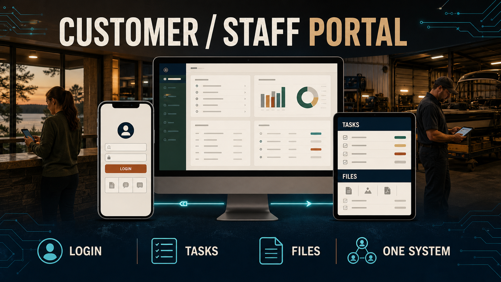 Customer and Staff Portal product visual showing logins, tasks, files, receipts, and one connected system.