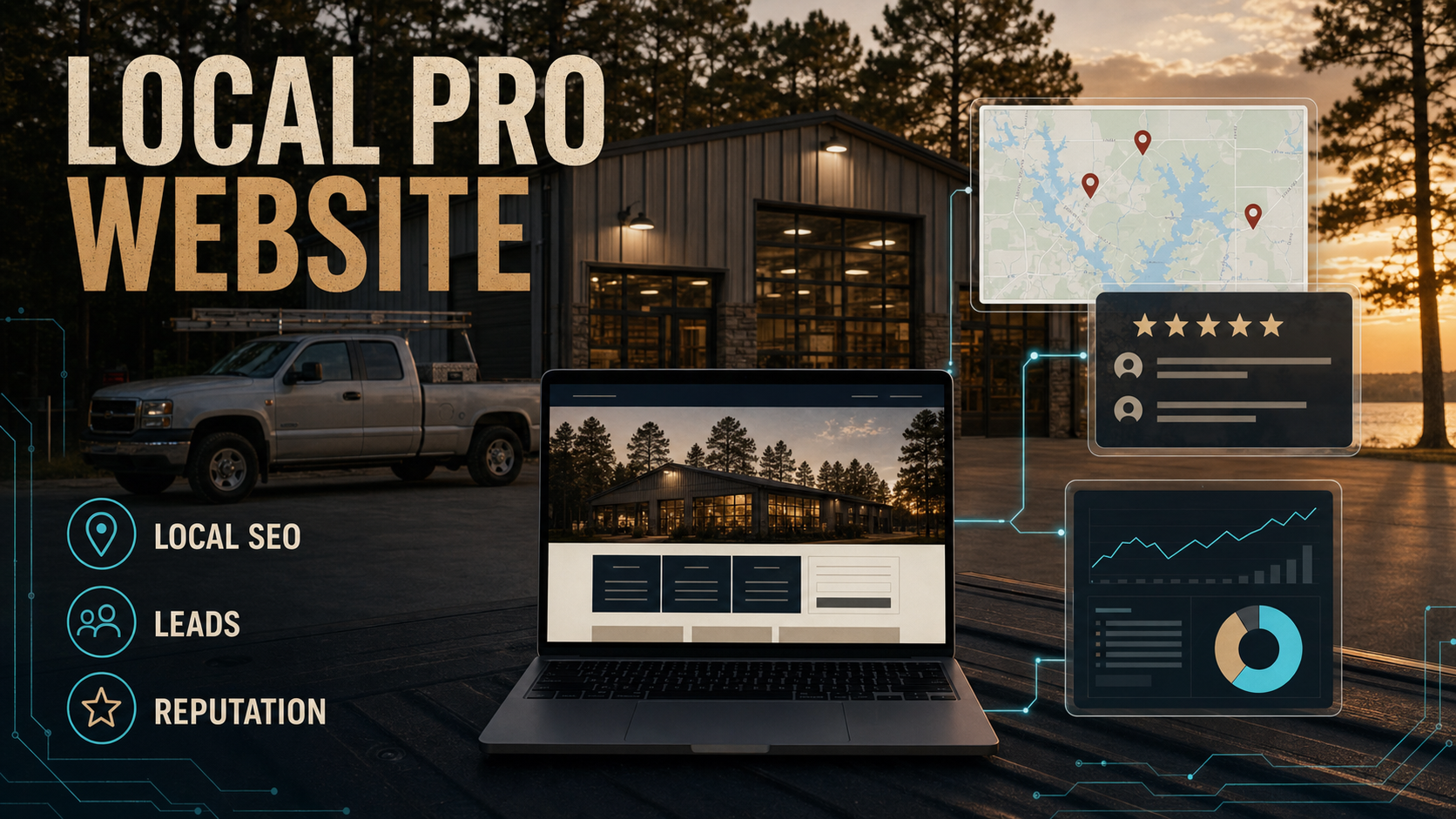 Local Pro Website product visual showing local SEO, lead forms, reputation signals, and analytics for an established service business.