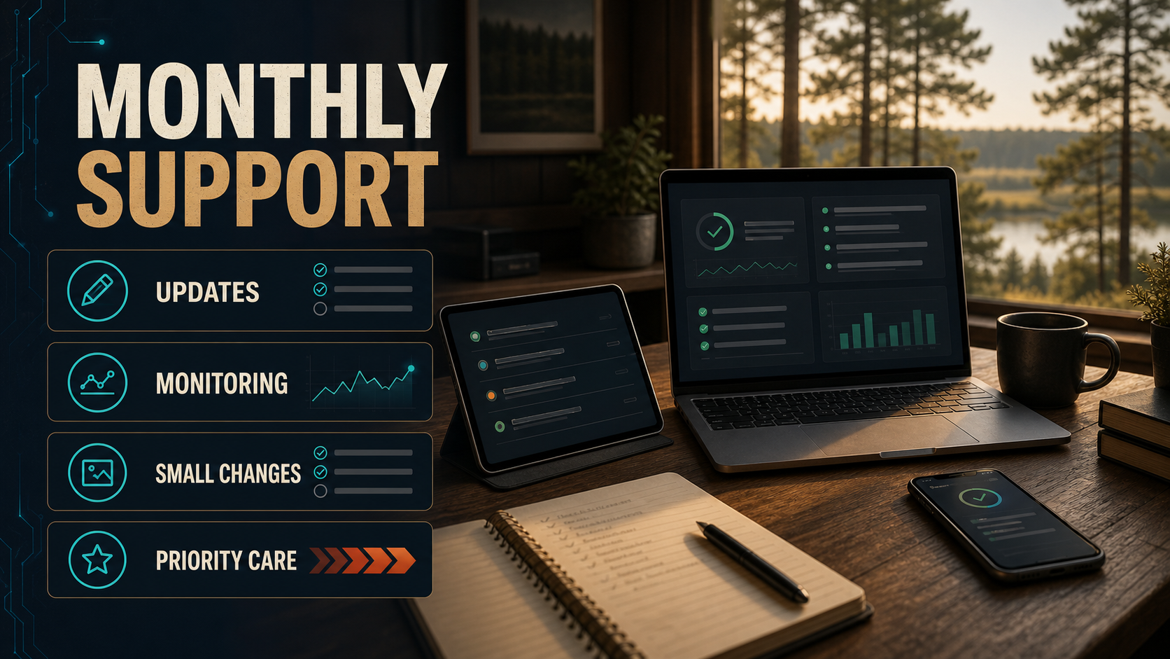 Monthly Support product visual showing updates, monitoring, small changes, and priority care for a business website or software system.