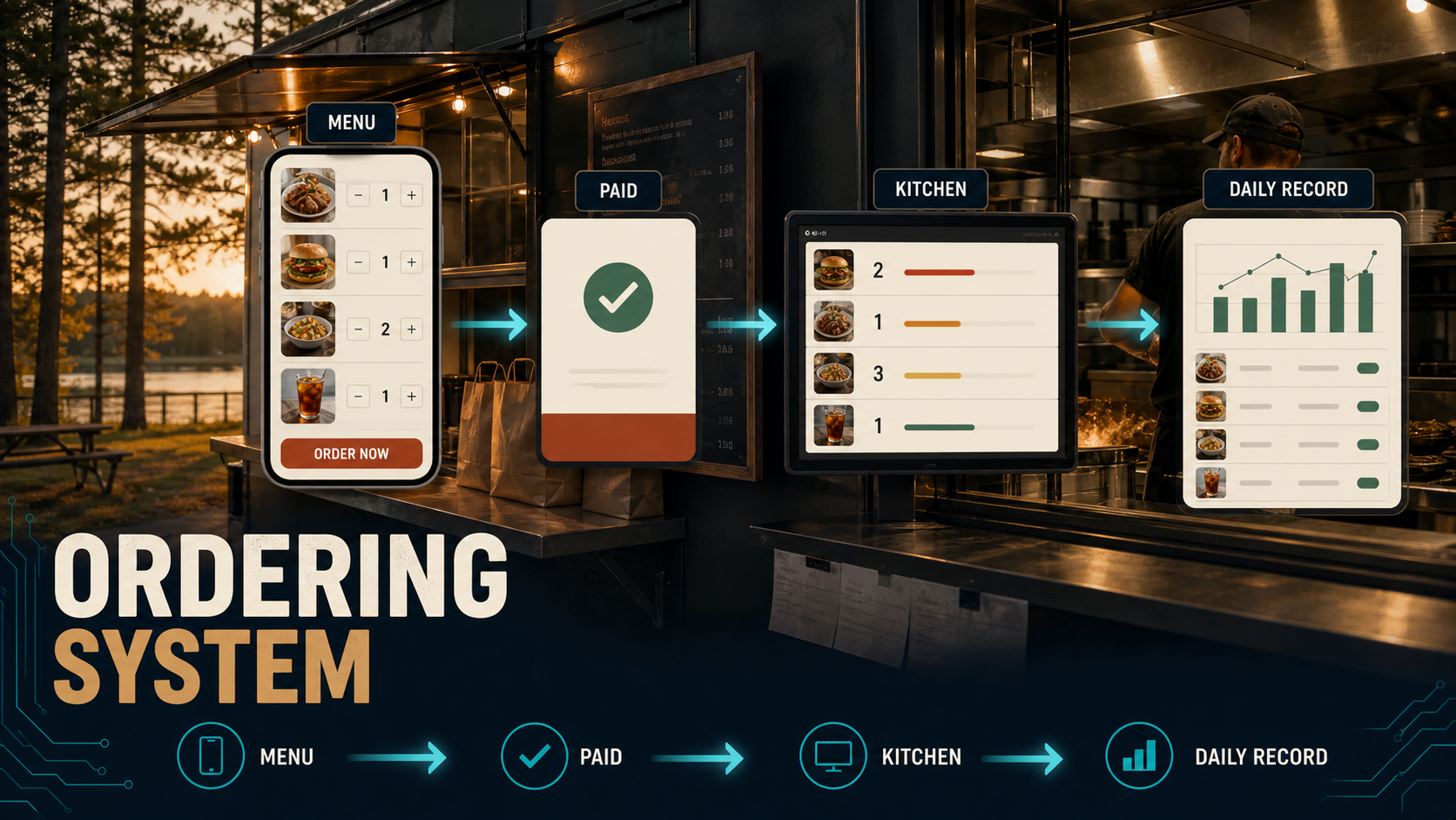 Ordering System product visual showing a local food business moving orders from menu to payment to kitchen notification and daily record.