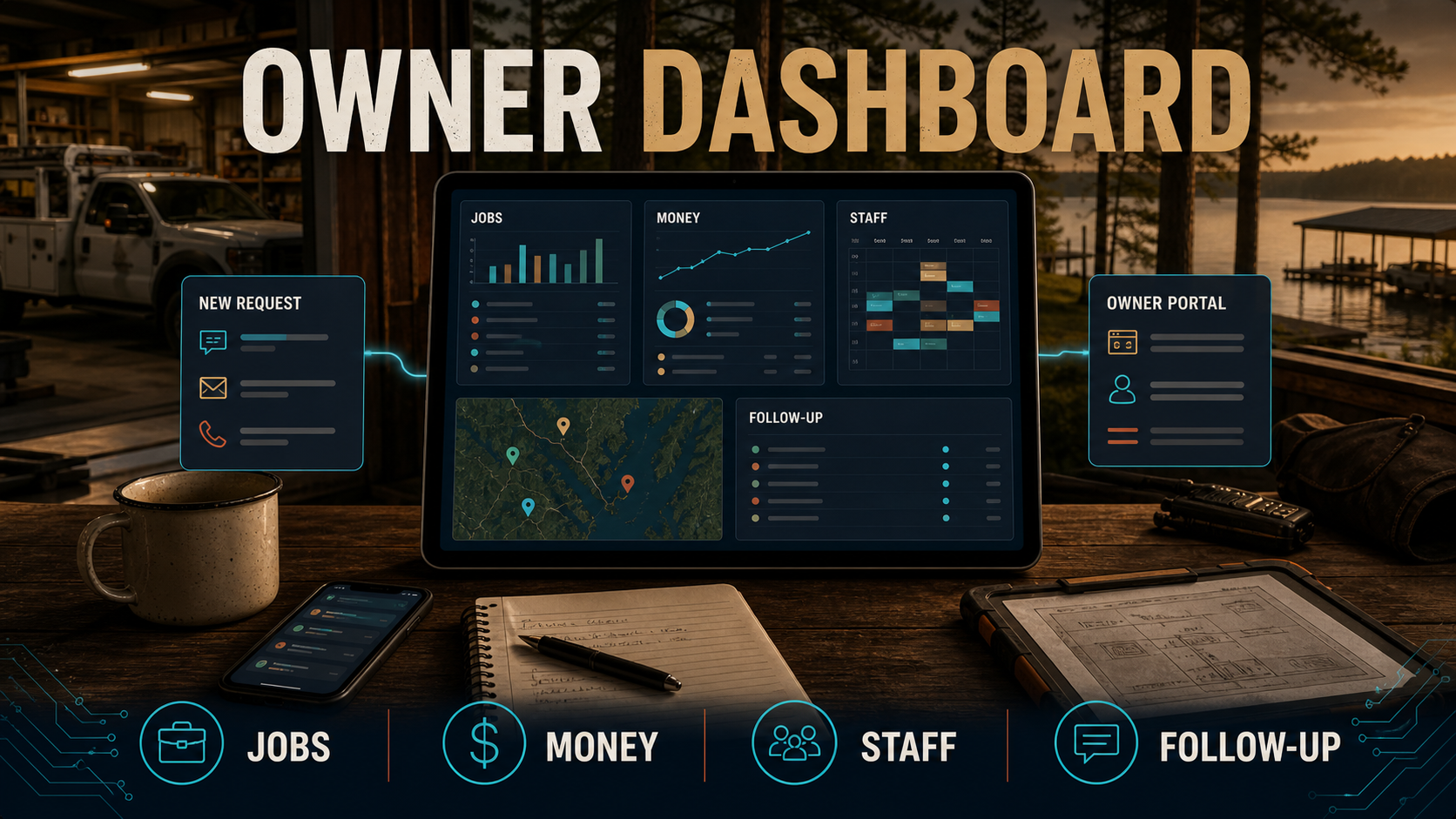 Owner Dashboard product visual showing jobs, money, staff, maps, metrics, and follow-up in one screen for a business owner.