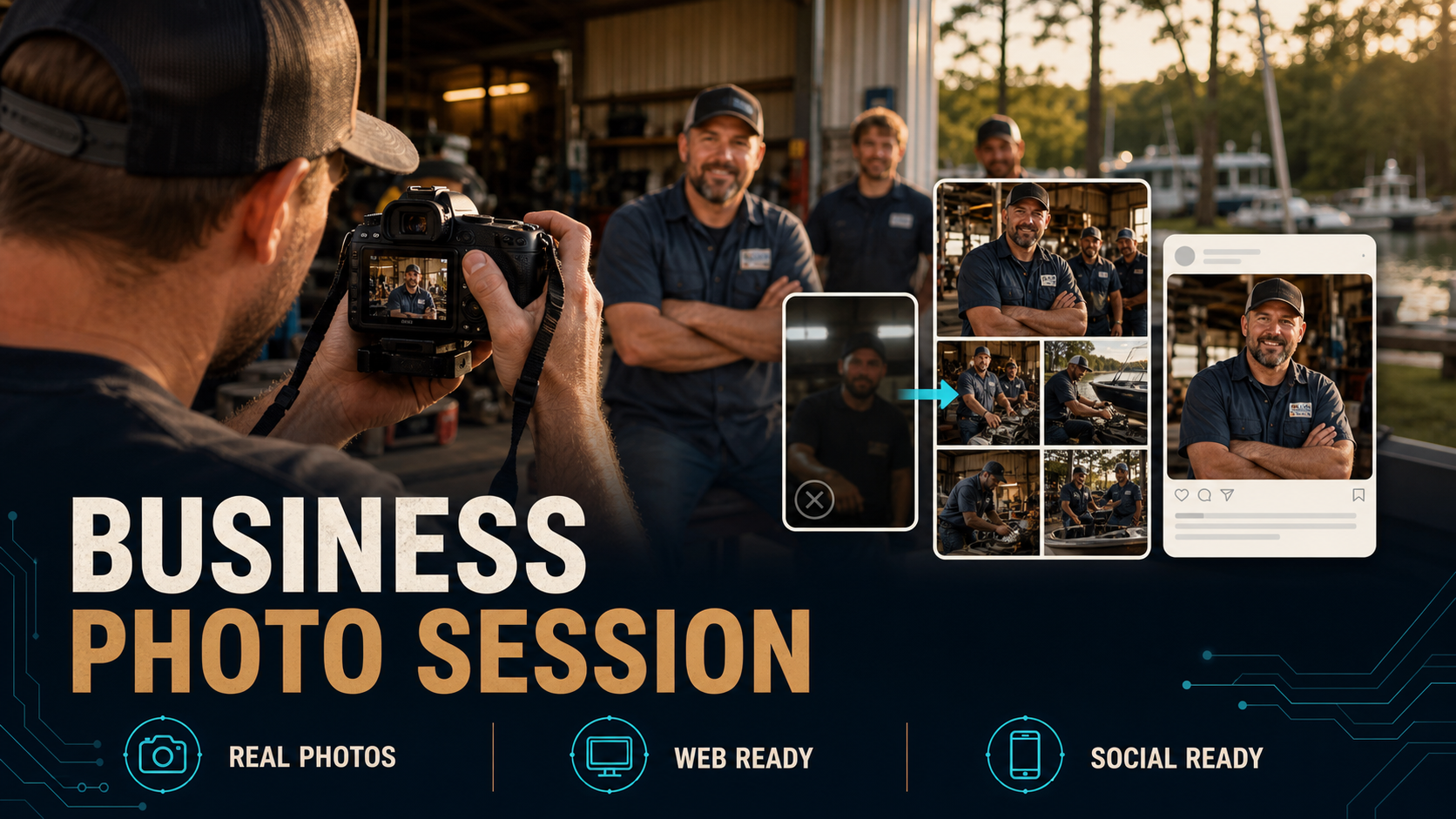 Business Photo Session product visual showing real business photography becoming polished website and social media images.