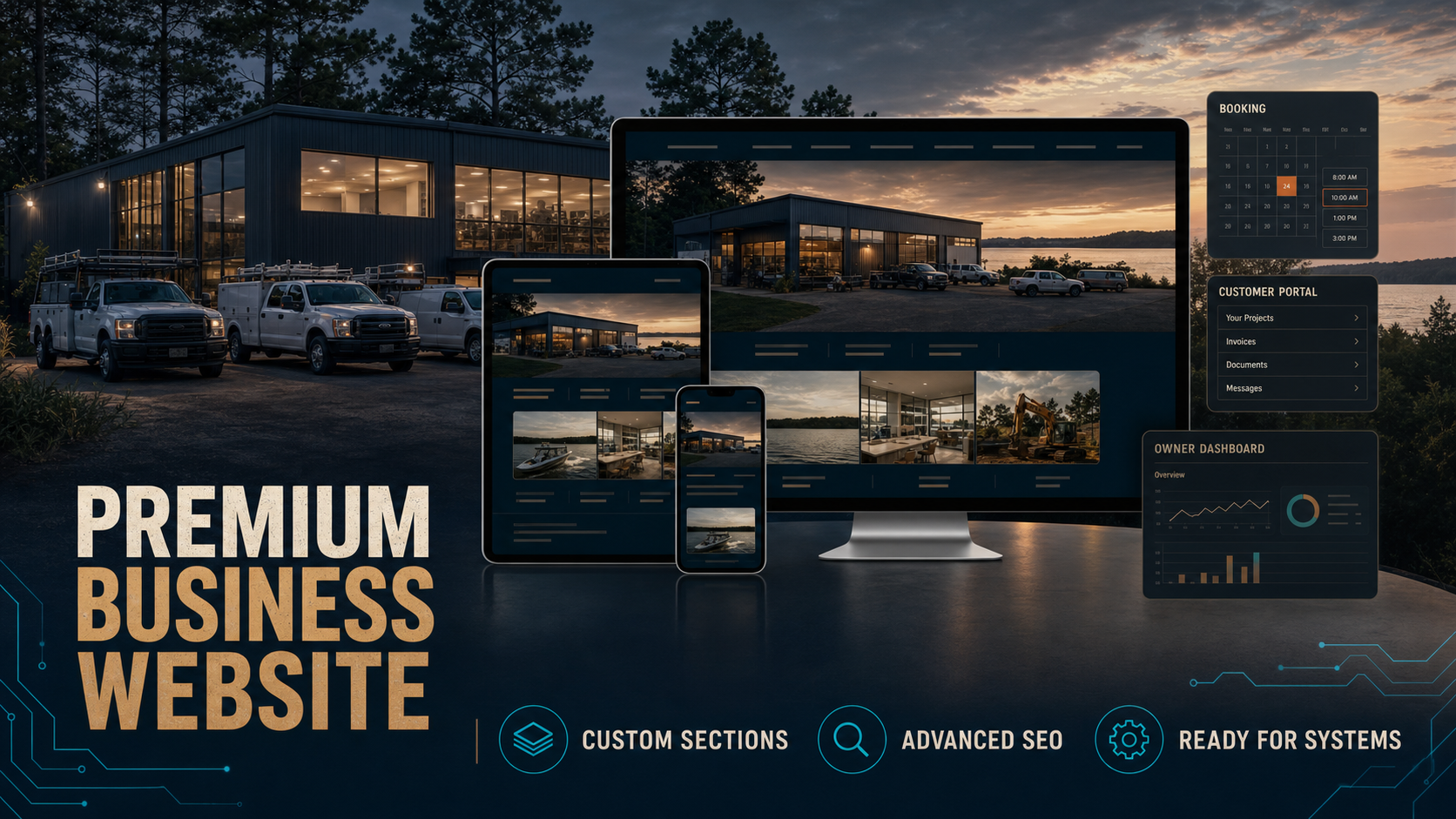 Premium Business Website product visual showing a serious local operation with custom site sections, advanced SEO, and system-ready screens.