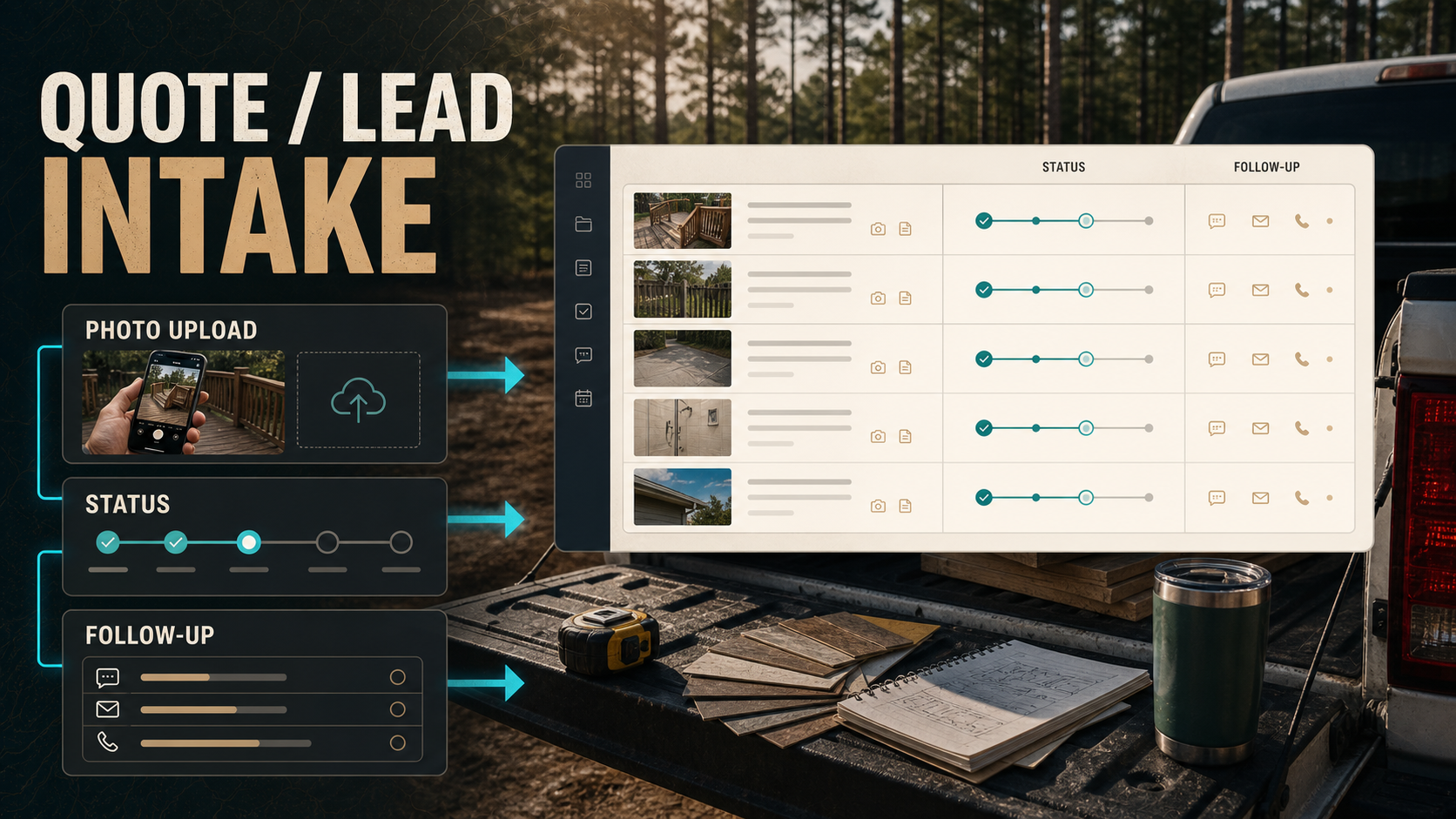 Quote and Lead Intake System product visual showing photo uploads, status tracking, and follow-up queue for a contractor or service business.