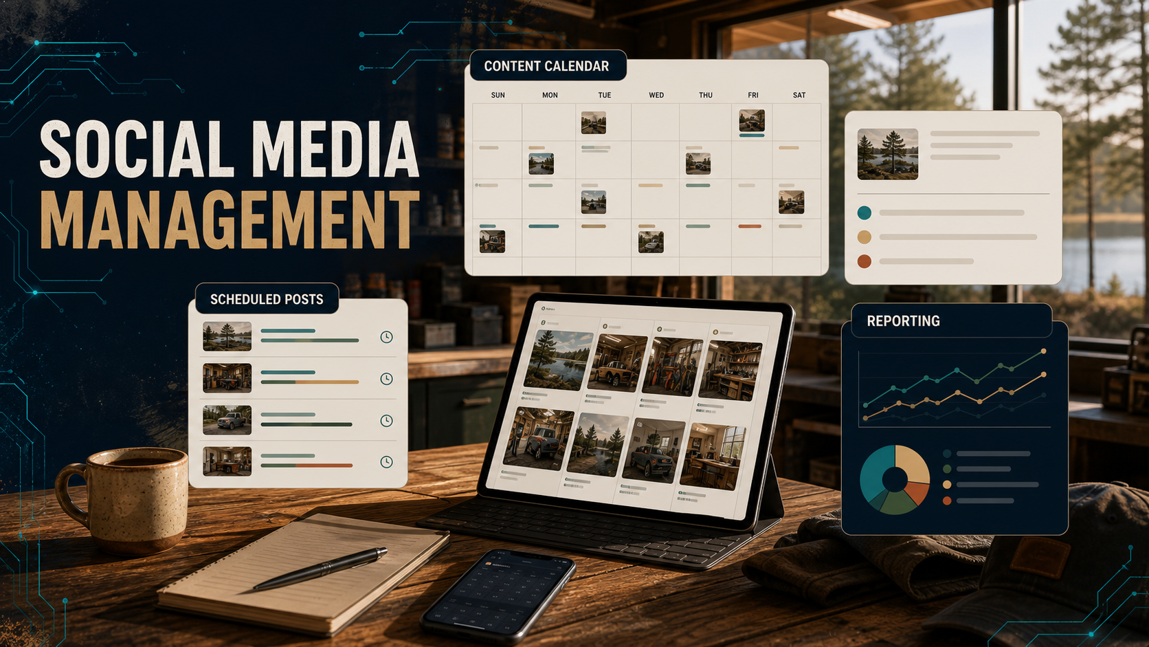 Social Media Management product visual showing a content calendar, scheduled posts, branded graphics, and reporting for a local business.