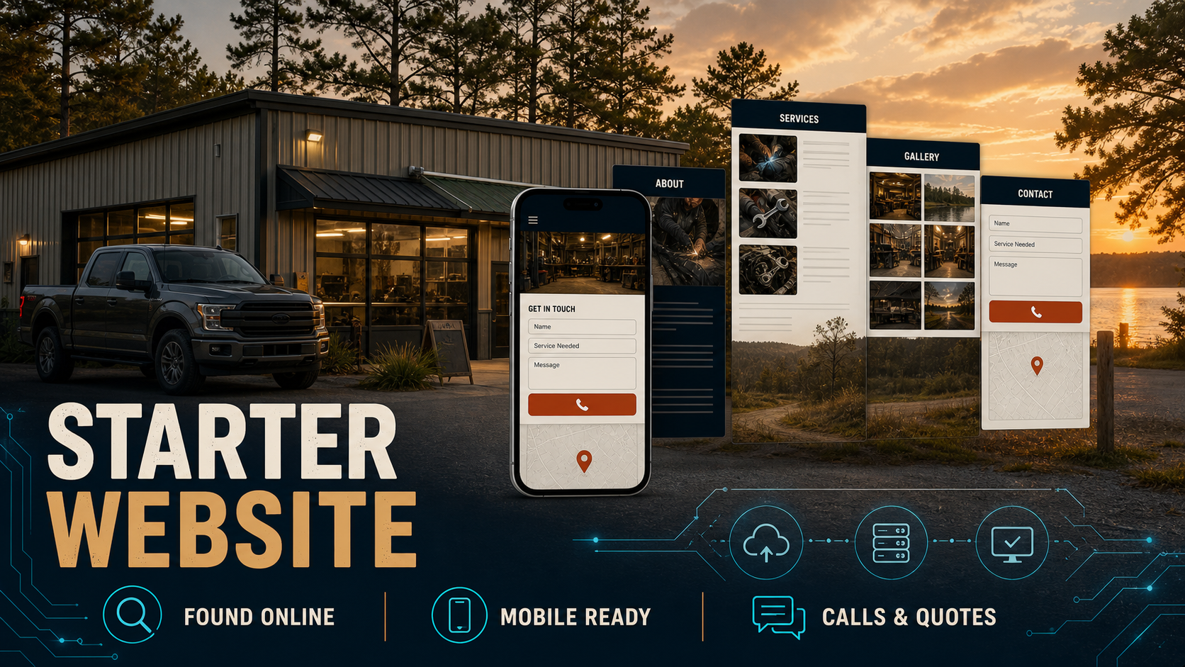 Starter Website product visual showing a local business becoming findable online with a mobile-ready website and quote form.