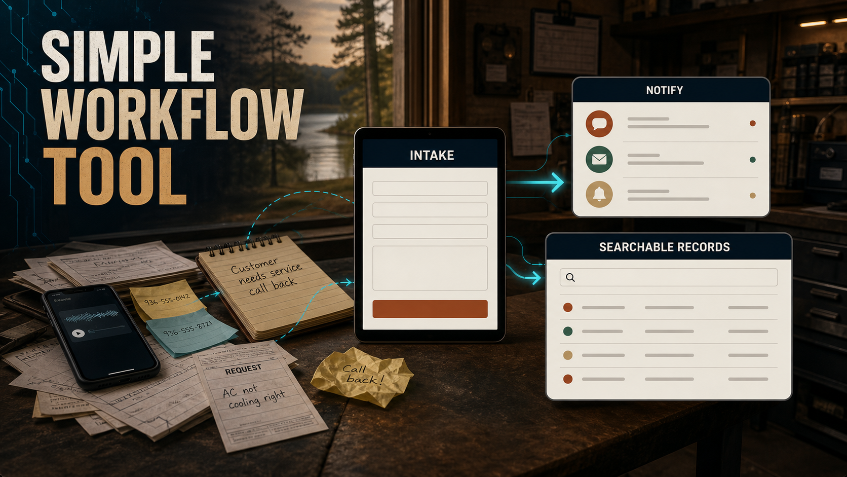 Simple Workflow Tool product visual showing scattered texts and notes becoming one intake form, notifications, and searchable records.