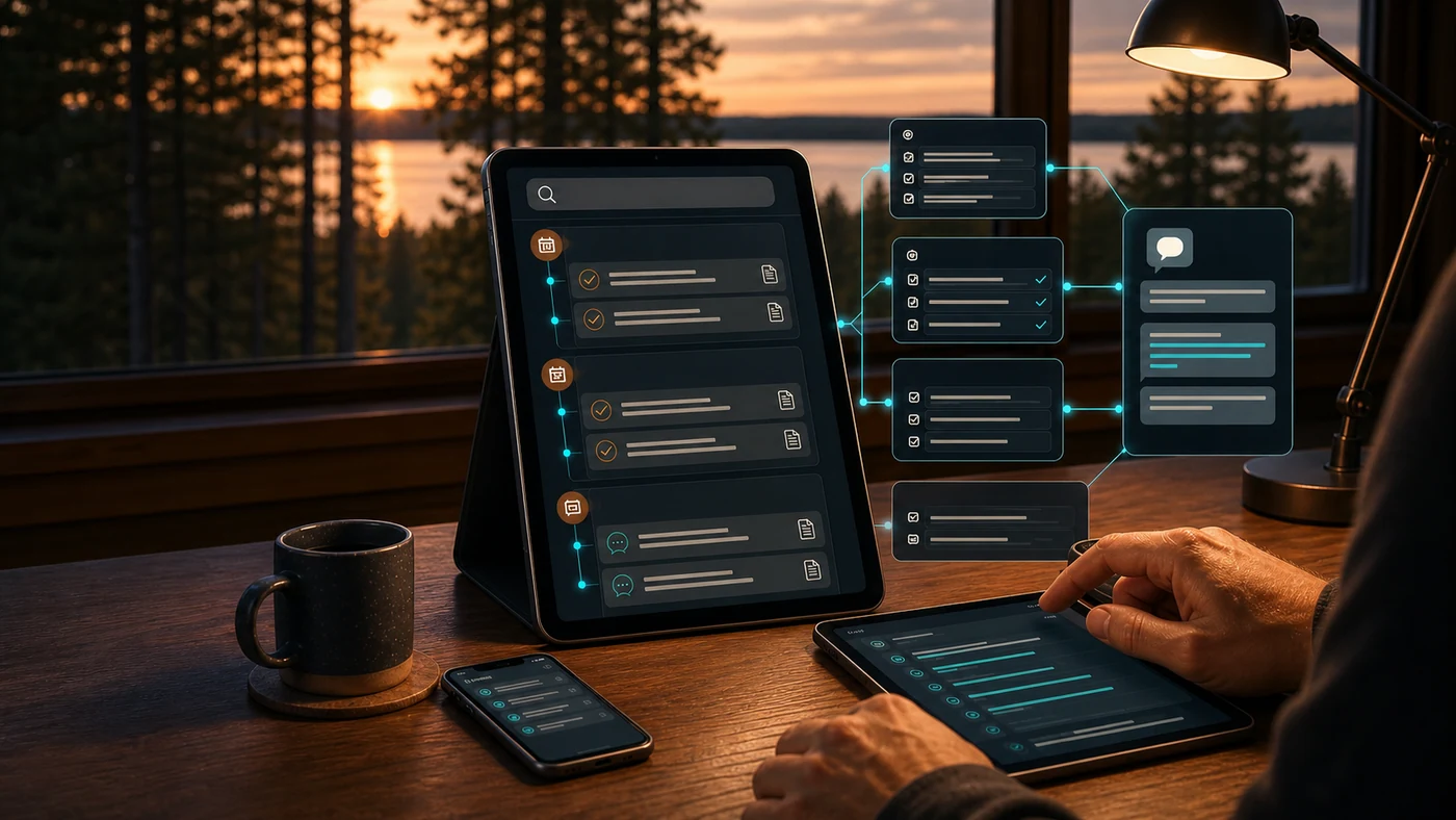 AI business memory product view showing searchable records, owner recap, decisions, and follow-up